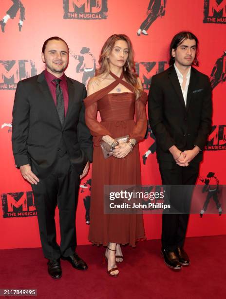 Prince Jackson, Paris Jackson and Bigi Jackson attend the opening night of "MJ: The Musical" at Prince Edward Theatre on March 27, 2024 in London,...