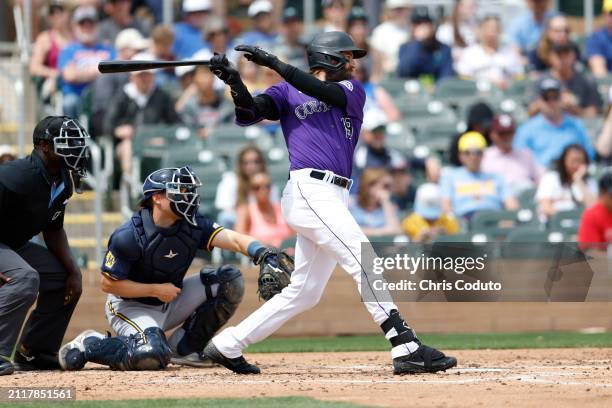 Charlie Blackmon of the Colorado Rockies bats during a spring training game against the Milwaukee Brewers at Salt River Fields at Talking Stick on...