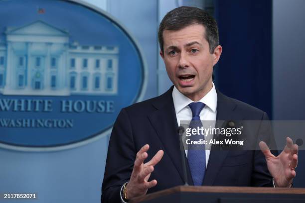 Secretary of Transportation Pete Buttigieg speaks during a daily news briefing at the James S. Brady Press Briefing Room at the White House on March...