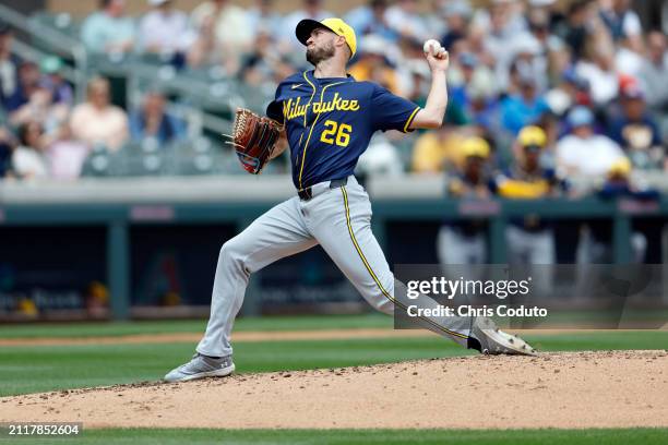 Aaron Ashby of the Milwaukee Brewers pitches against the Colorado Rockies during a spring training game at Salt River Fields at Talking Stick on...