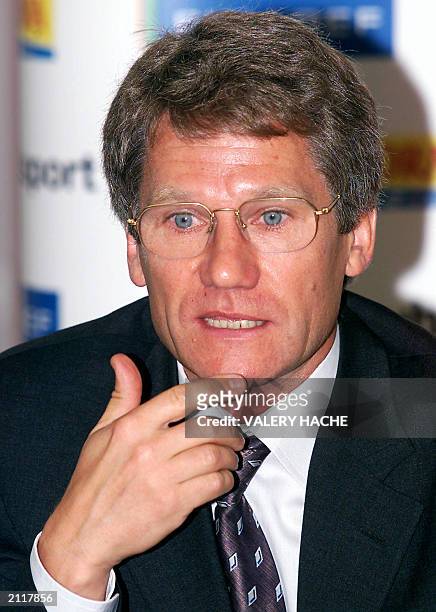 Newly appointed coach of French first division soccer team Rennes, Romanian Laszlo Boloni, speaks to the press during a press conference 12 June...