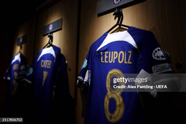 The shirt of Melanie Leupolz of Chelsea is displayed inside the Chelsea dressing room prior to the UEFA Women's Champions League 2023/24 Quarter...