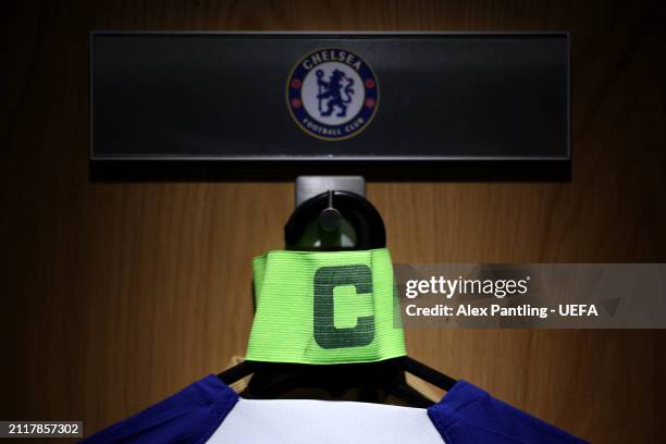 Detailed view of the captain's armband, displayed inside the Chelsea dressing room prior to the UEFA Women's Champions League 2023/24 Quarter Final...