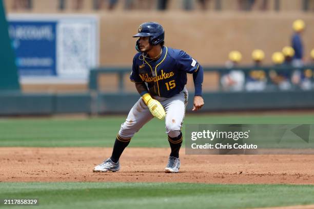 Carlos Rodriguez of the Milwaukee Brewers leads off second base during a spring training game against the Colorado Rockies at Salt River Fields at...