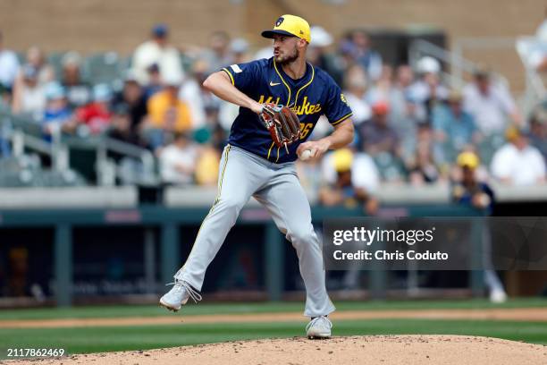 Aaron Ashby of the Milwaukee Brewers pitches against the Colorado Rockies during a spring training game at Salt River Fields at Talking Stick on...