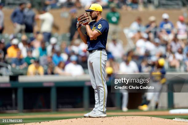 Aaron Ashby of the Milwaukee Brewers pitches against the Colorado Rockies during a spring training game at Salt River Fields at Talking Stick on...