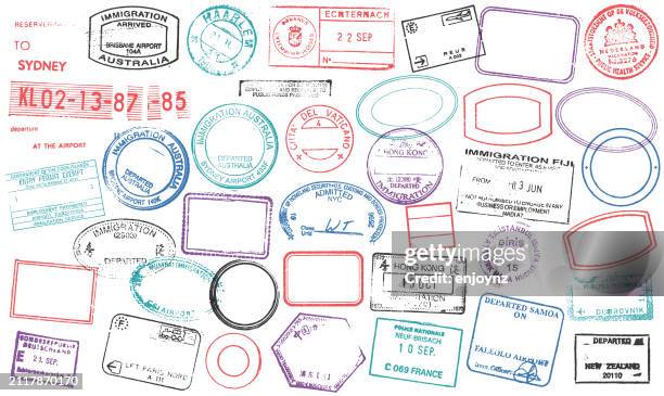 ilustraciones, imágenes clip art, dibujos animados e iconos de stock de ilustración vectorial de sellos de pasaporte - sello