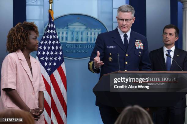 Deputy Commandant for Operations for the U.S. Coast Guard Vice Admiral Peter Gautier speaks as White House Press Secretary Karine Jean-Pierre and...