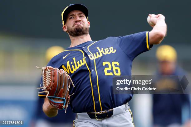 Aaron Ashby of the Milwaukee Brewers warms up before a spring training game against the Colorado Rockies at Salt River Fields at Talking Stick on...