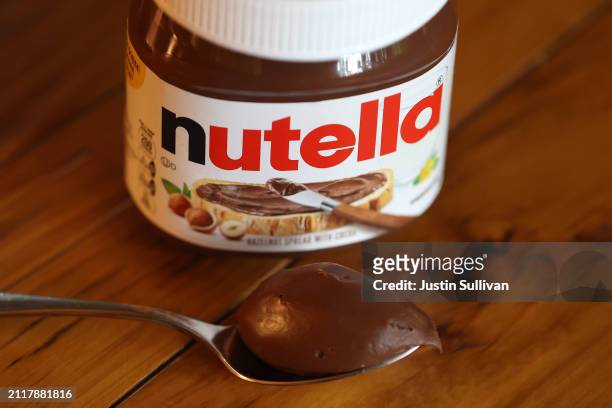 In this photo illustration, a container of Nutella hazelnut spread made by the Ferrero company is displayed on March 27, 2024 in San Anselmo,...