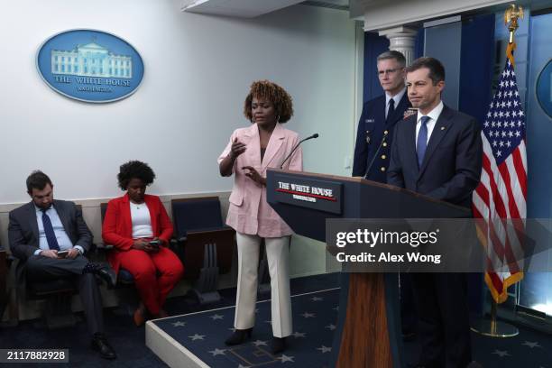 Secretary of Transportation Pete Buttigieg answers questions as White House Press Secretary Karine Jean-Pierre and Deputy Commandant for Operations...