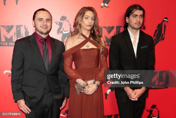 Prince Jackson, Paris Jackson and Bigi Jackson attend the opening night of "MJ: The Musical" at Prince Edward Theatre on March 27, 2024 in London,...