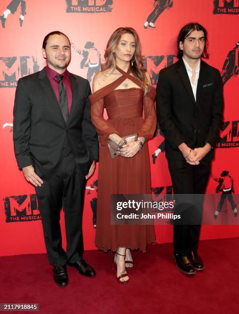 Prince Jackson, Paris Jackson and Bigi Jackson attend the opening night of "MJ: The Musical" at Prince Edward Theatre on March 27, 2024 in London,...