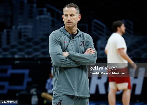 Head coach Nate Oats of the Alabama Crimson Tide during practice at Crypto.com Arena on March 27, 2024 in Los Angeles, California.
