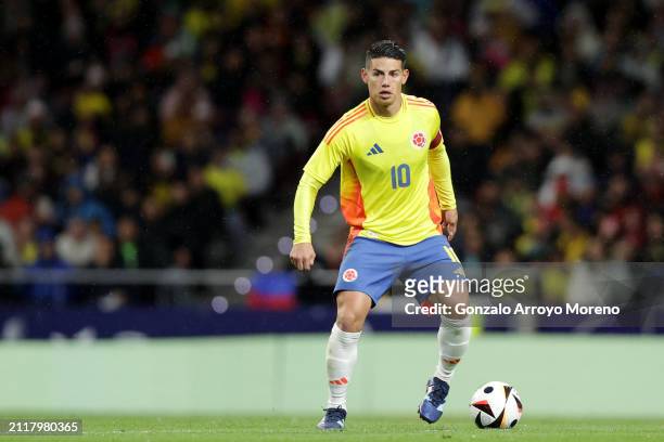 James Rodriguez of Colombia controls the ball during the friendly match between Romania and Colombia at Civitas Metropolitan Stadium on March 26,...