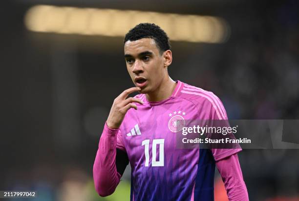 Jamal Musiala of Germany in action during the international friendly match between Germany and The Netherlands at Deutsche Bank Park on March 26,...