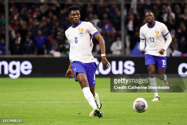 Aurelien Tchouameni of France passes the ball during the international friendly match between France and Chile at Stade Velodrome on March 26, 2024...