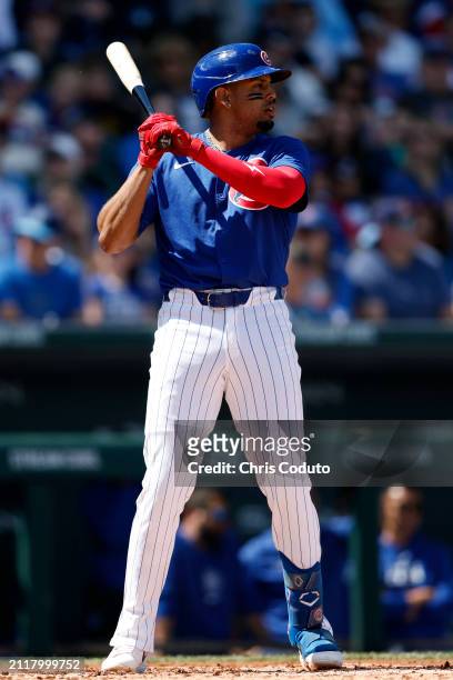 Christopher Morel of the Chicago Cubs bats during a spring training game against the St. Louis Cardinals at Sloan Park on March 25, 2024 in Mesa,...