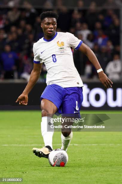 Aurelien Tchouameni of France controls the ball during the international friendly match between France and Chile at Stade Velodrome on March 26, 2024...