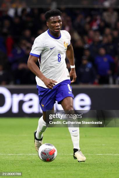 Aurelien Tchouameni of France controls the ball during the international friendly match between France and Chile at Stade Velodrome on March 26, 2024...