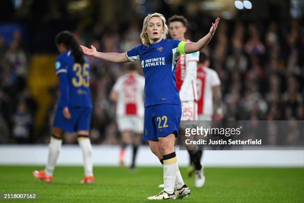 Erin Cuthbert of Chelsea reacts during the UEFA Women's Champions League 2023/24 Quarter Final Leg Two match between Chelsea FC Women and AFC Ajax at...