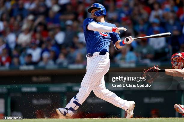 Seiya Suzuki of the Chicago Cubs bats during a spring training game against the St. Louis Cardinals at Sloan Park on March 25, 2024 in Mesa, Arizona.