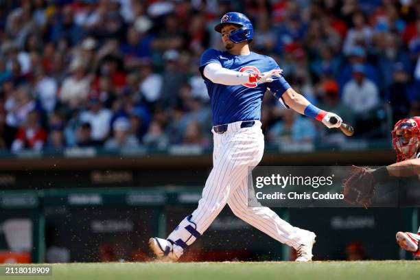 Seiya Suzuki of the Chicago Cubs bats during a spring training game against the St. Louis Cardinals at Sloan Park on March 25, 2024 in Mesa, Arizona.