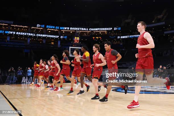 The Iowa State Cyclones stretch during practice ahead of the NCAA Men's Basketball Tournament Sweet 16 round at TD Garden on March 27, 2024 in...