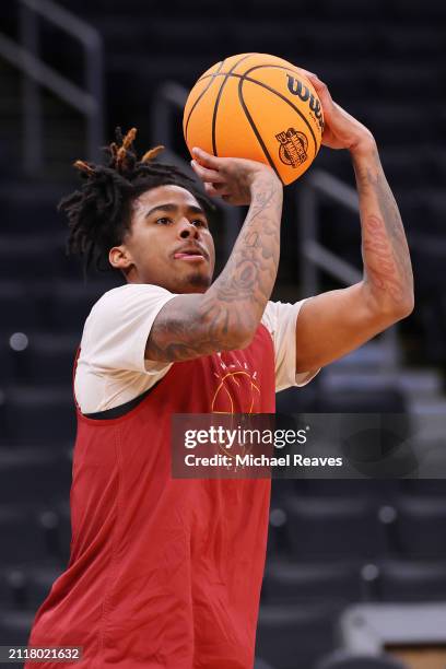 Keshon Gilbert of the Iowa State Cyclones shoots during practice ahead of the NCAA Men's Basketball Tournament Sweet 16 round at TD Garden on March...