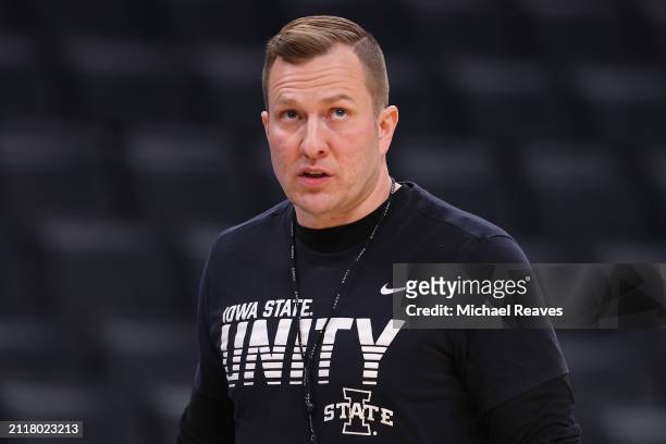Head coach T. J. Otzelberger of the Iowa State Cyclones looks on during practice ahead of the NCAA Men's Basketball Tournament Sweet 16 round at TD...