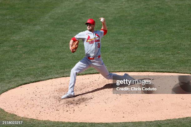 Steven Matz of the St. Louis Cardinals pitches against the Chicago Cubs during the first inning of a spring training game at Sloan Park on March 25,...