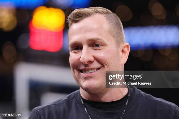 Head coach T. J. Otzelberger of the Iowa State Cyclones looks on during practice ahead of the NCAA Men's Basketball Tournament Sweet 16 round at TD...