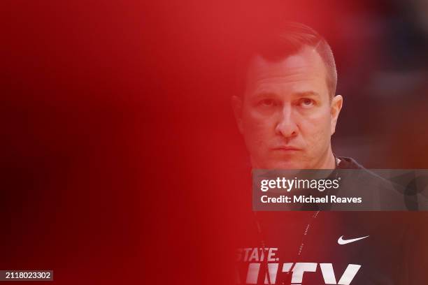 Head coach T. J. Otzelberger of the Iowa State Cyclones looks on during practice ahead of the NCAA Men's Basketball Tournament Sweet 16 round at TD...