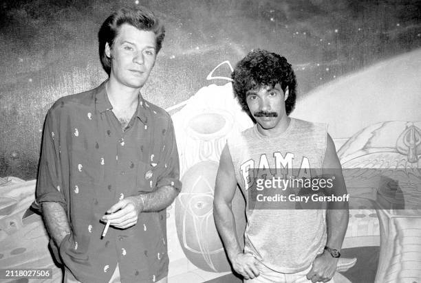 Portrait of American Pop musicians Daryl Hall and John Oates, both of the duo Hall & Oates during a recording of their 'H2O' album in Greenwich...