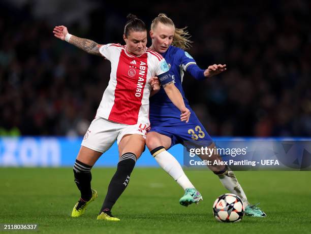 Sherida Spitse of Ajax is challenged by Aggie Beever-Jones of Chelsea during the UEFA Women's Champions League 2023/24 Quarter Final Leg Two match...
