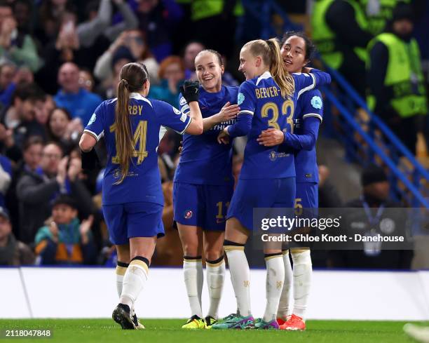 Mayra Ramirez of Chelsea celebrates scoring their teams first goal during the UEFA Women's Champions League 2023/24 Quarter Final Leg Two match...