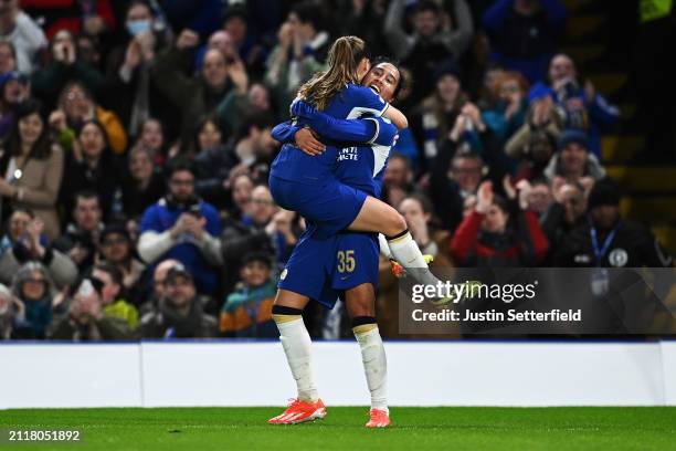 Mayra Ramirez of Chelsea celebrates with Guro Reiten of Chelsea after scoring her team's first goal during the UEFA Women's Champions League 2023/24...