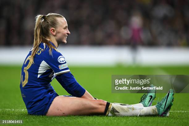 Aggie Beever-Jones of Chelsea reacts during the UEFA Women's Champions League 2023/24 Quarter Final Leg Two match between Chelsea FC Women and AFC...