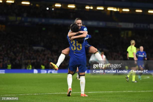 Mayra Ramirez of Chelsea celebrates with teammate Guro Reiten after scoring her team's first goal during the UEFA Women's Champions League 2023/24...