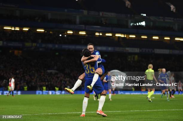 Mayra Ramirez of Chelsea celebrates with teammate Guro Reiten after scoring her team's first goal during the UEFA Women's Champions League 2023/24...