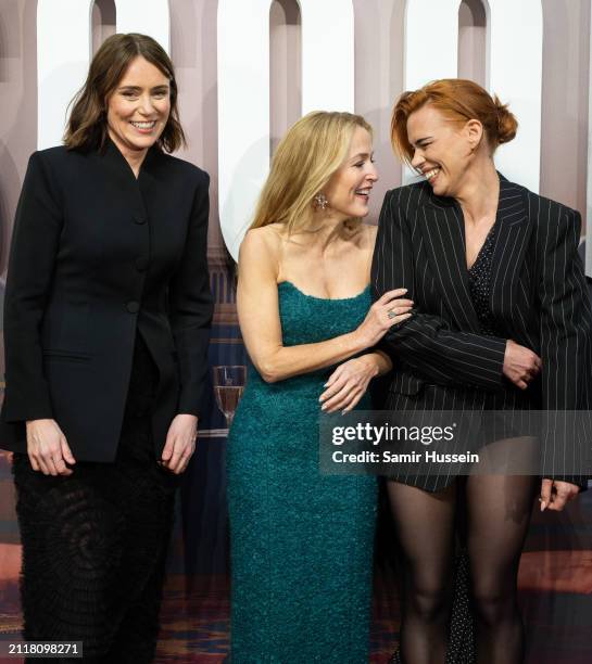 Keeley Hawes, Gillian Anderson and Billie Piper attend the world premiere of "Scoop" at The Curzon Mayfair on March 27, 2024 in London, England.