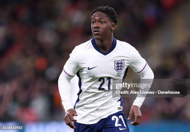 Kobbie Mainoo of England during the international friendly match between England and Brazil at Wembley Stadium on March 23, 2024 in London, England.