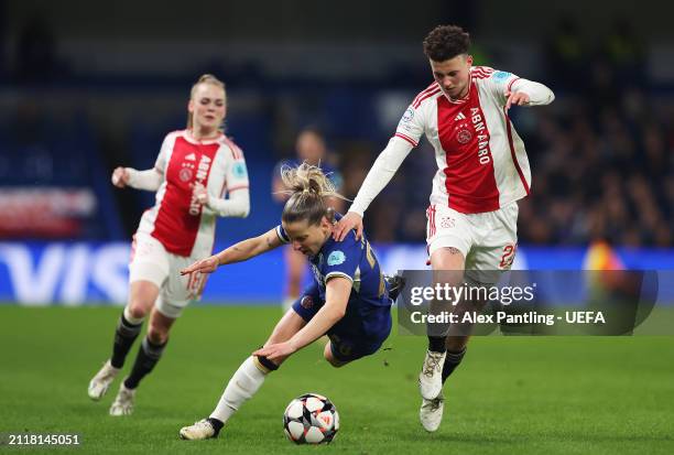 Jelena Cankovic of Chelsea is challenged by Kay-Lee de Sanders of Ajax during the UEFA Women's Champions League 2023/24 Quarter Final Leg Two match...