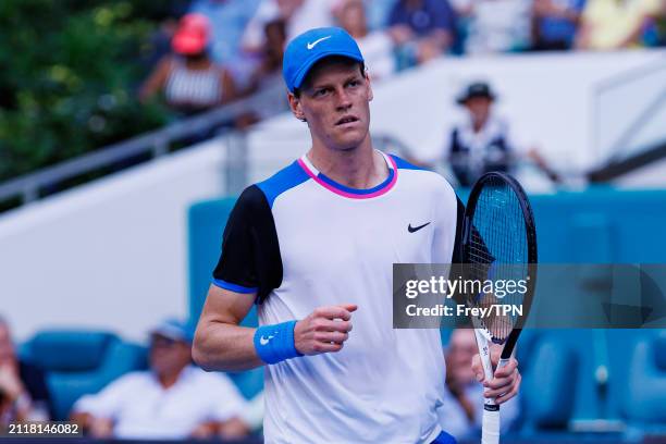 Jannik Sinner of Italy celebrates during his match against Tomas Machac of the Czech Republic in the quarterfinal of the Miami Open at the Hard Rock...