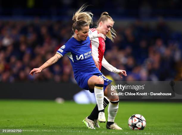 Jelena Cankovic of Chelsea and Milicia Keijzer of AFC Ajax in action during the UEFA Women's Champions League 2023/24 Quarter Final Leg Two match...