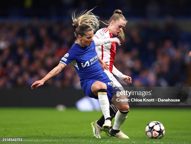 Jelena Cankovic of Chelsea and Milicia Keijzer of AFC Ajax in action during the UEFA Women's Champions League 2023/24 Quarter Final Leg Two match...