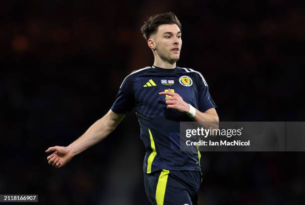 Kieran Tierney of Scotland is seen during the international friendly match between Scotland and Northern Ireland at Hampden Park on March 26, 2024 in...