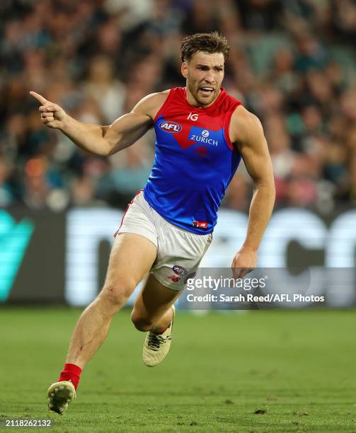 Jack Viney of the Demons kicks a goal during the 2024 AFL Round 03 match between the Port Adelaide Power and the Melbourne Demons at Adelaide Oval on...