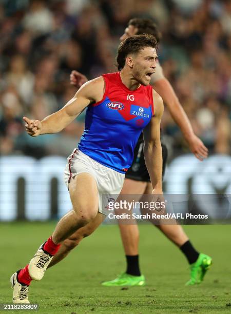 Jack Viney of the Demons celebrates a goal during the 2024 AFL Round 03 match between the Port Adelaide Power and the Melbourne Demons at Adelaide...