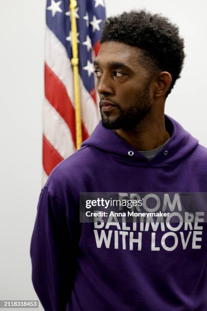 Baltimore Mayor Brandon Scott attends a news conference on the collapsed Francis Scott Key Bridge on March 27, 2024 in Baltimore, Maryland. Divers...